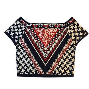 Jealous Tomato Geometric Knit Stretch Cropped Top L Red Navy Short‎ Sleeve